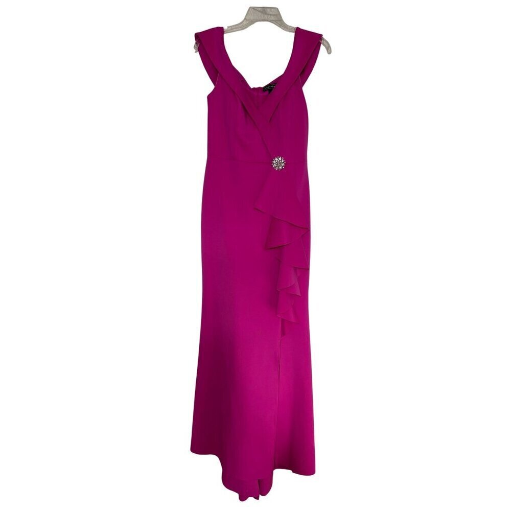 Jessica Howard Hot Pink Magenta Off-The-Shoulder Gown Dress Rhinestone Ruffle 10